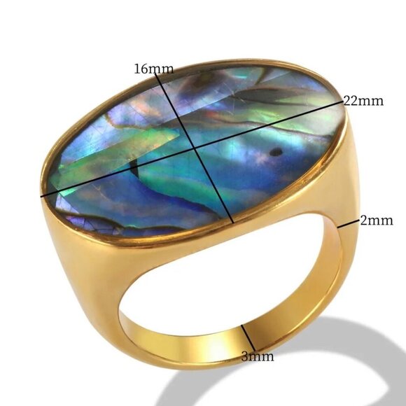 NEW Statement Cocktail Ring Sz.7 18K Gold Plated Oval Abalone Shell Iridescent - Picture 7 of 10